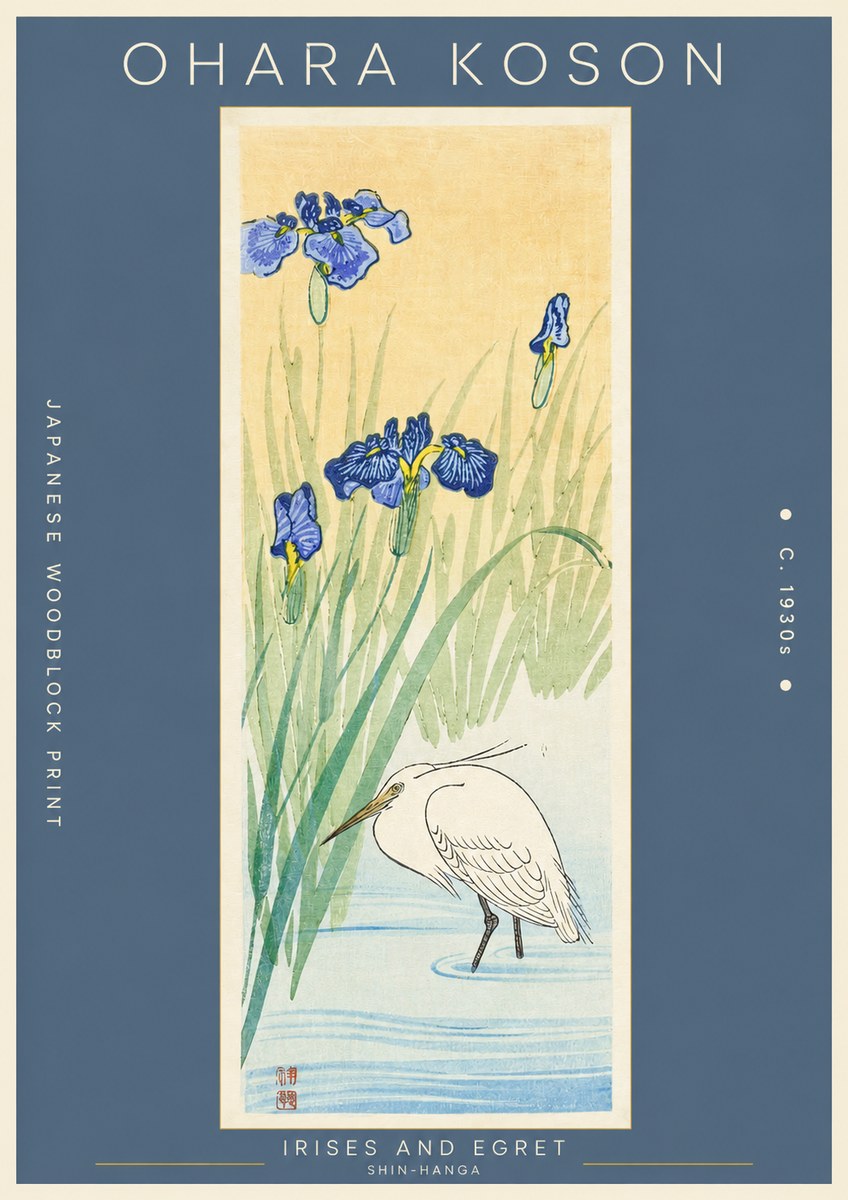 Ohara Koson Irises and Egret No2 - Póster