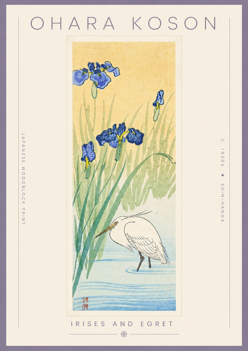 Ohara Koson Irises and Egret No4 - Póster