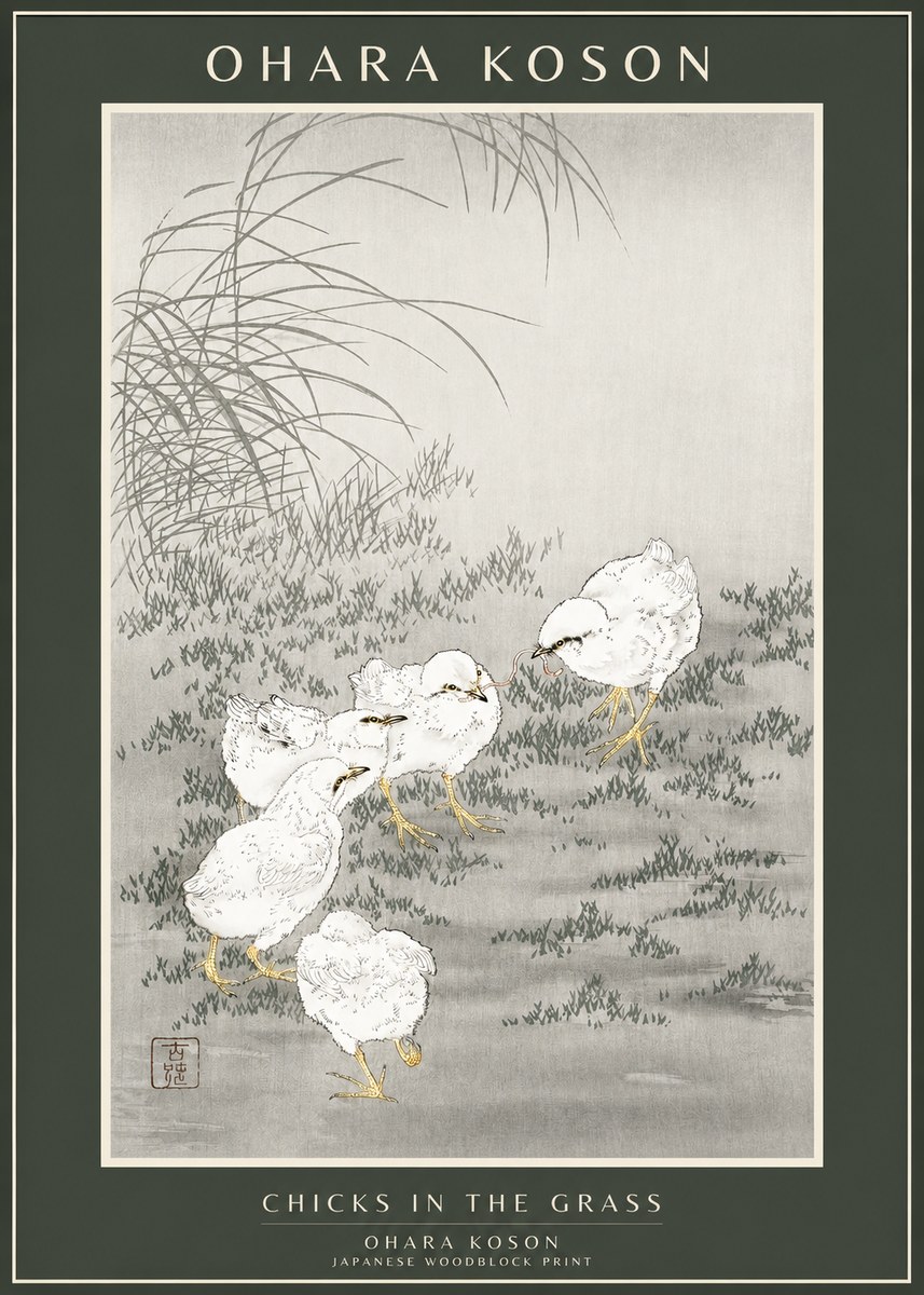 Ohara Koson Chicks in the Grass No1 - Póster