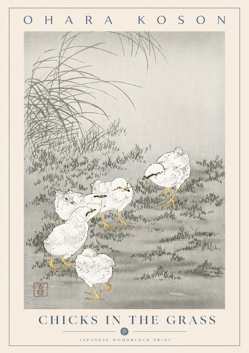 Ohara Koson Chicks in the Grass No2 - Póster