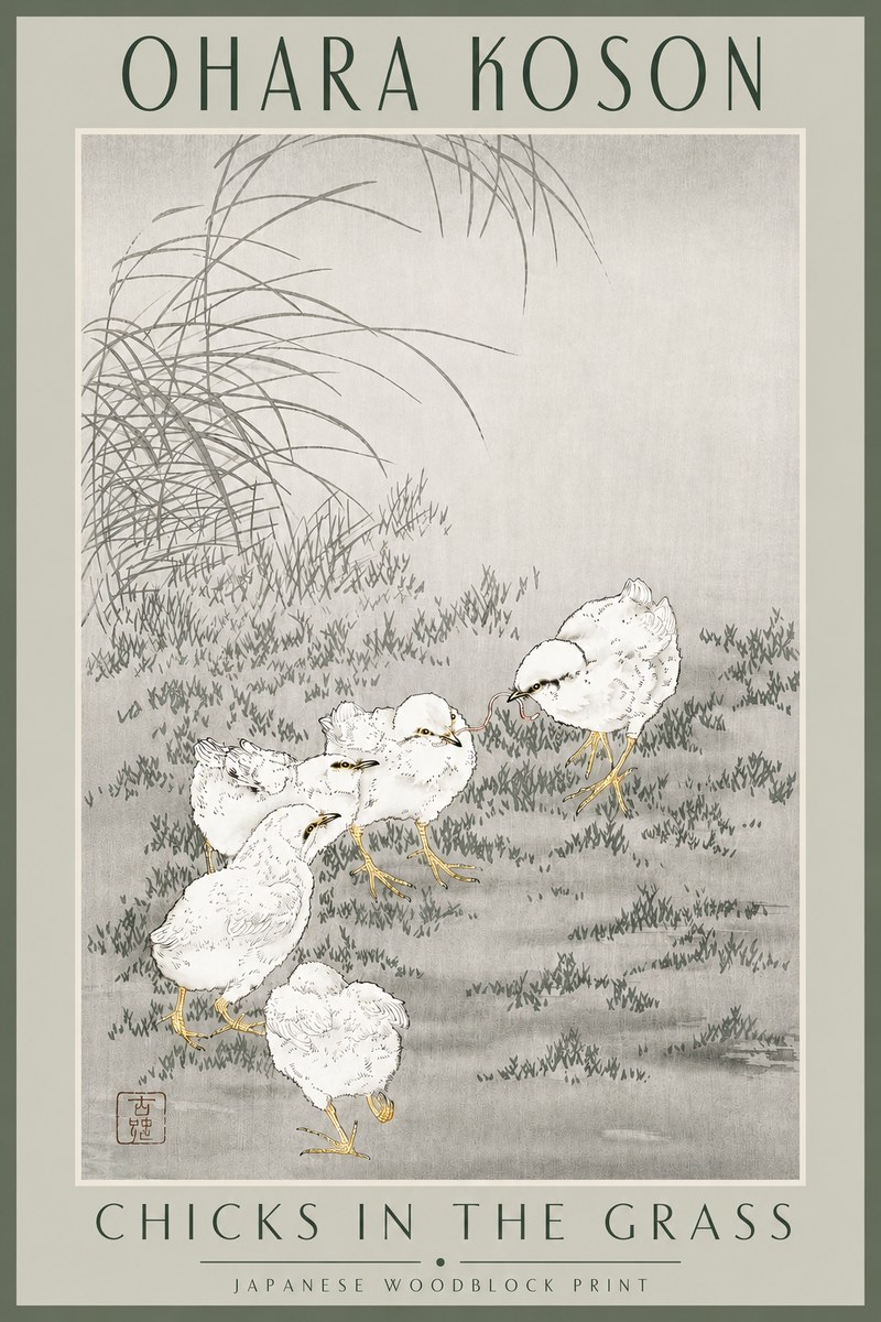 Ohara Koson Chicks in the Grass No3 - Póster