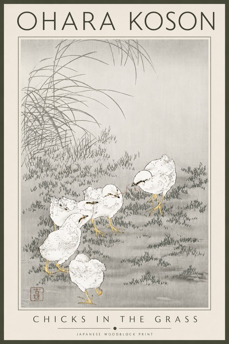 Ohara Koson Chicks in the Grass No4 - Póster