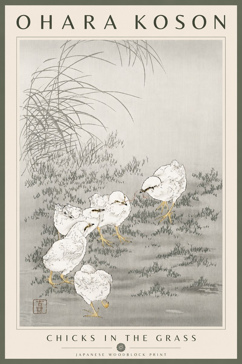 Ohara Koson Chicks in the Grass No6 - Póster