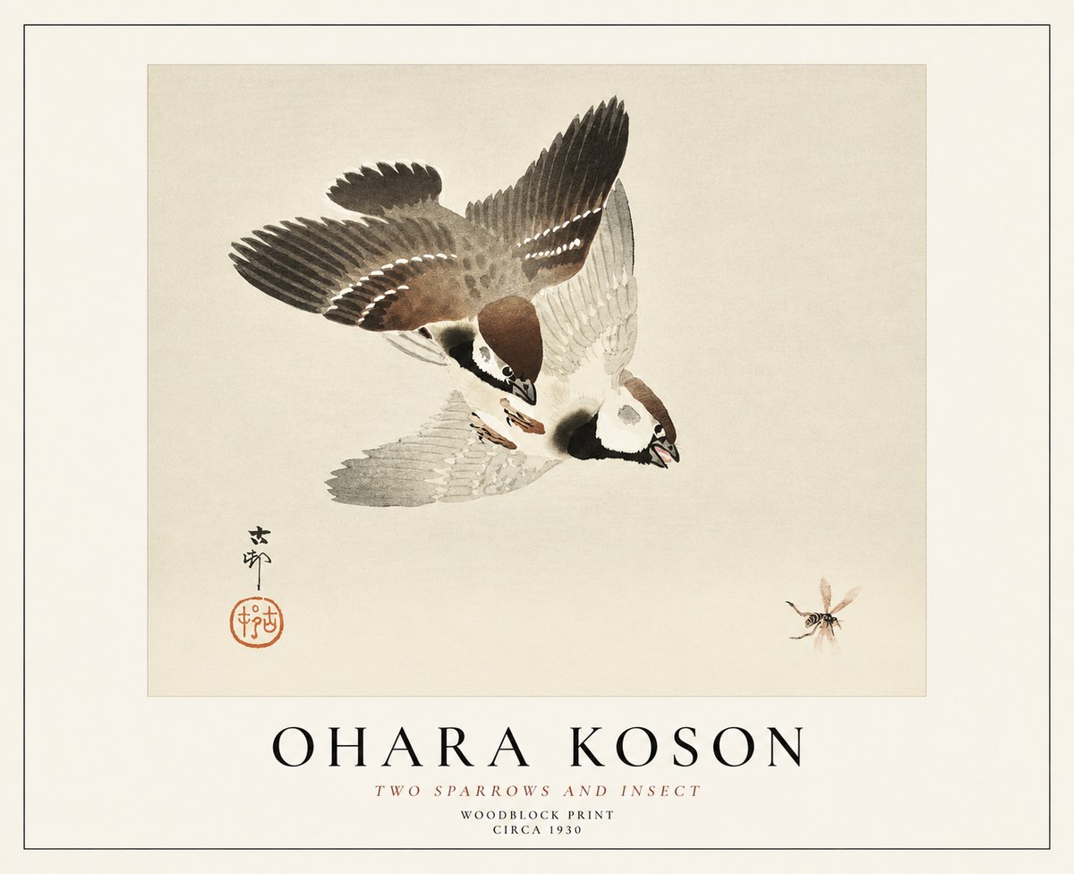 Ohara Koson Two Sparrows and Insect No1 - Póster