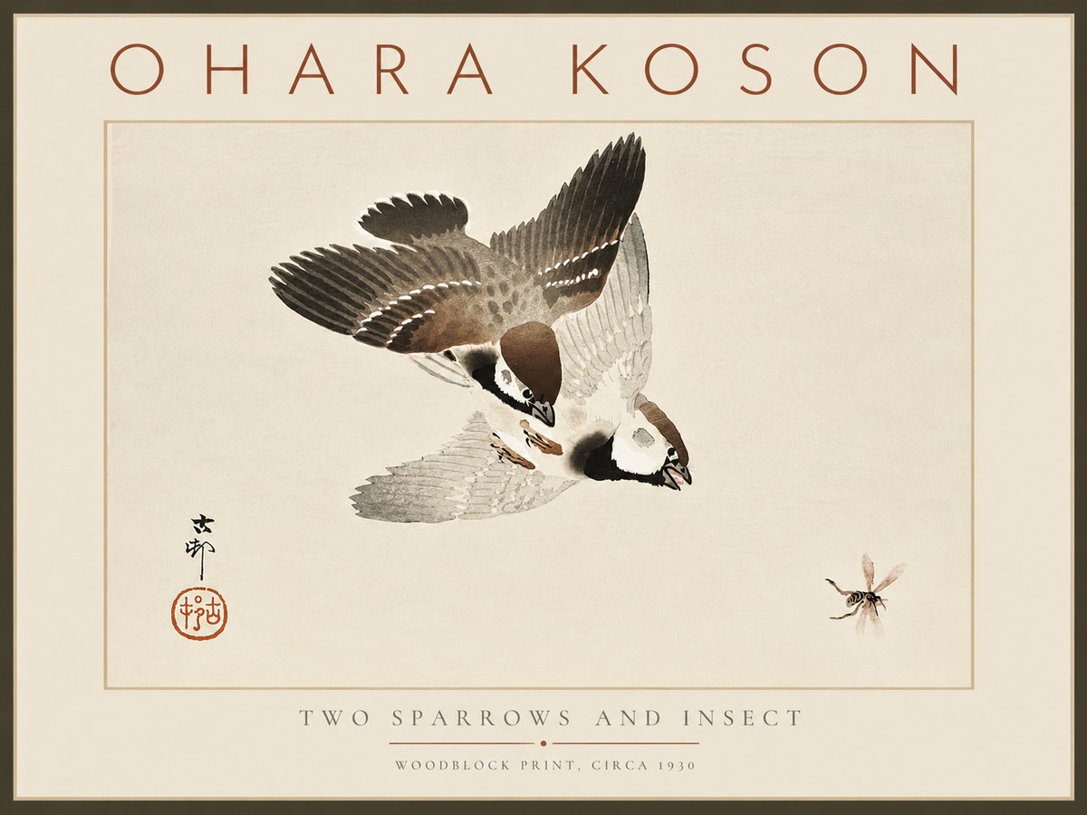 Ohara Koson Two Sparrows and Insect No6 - Póster