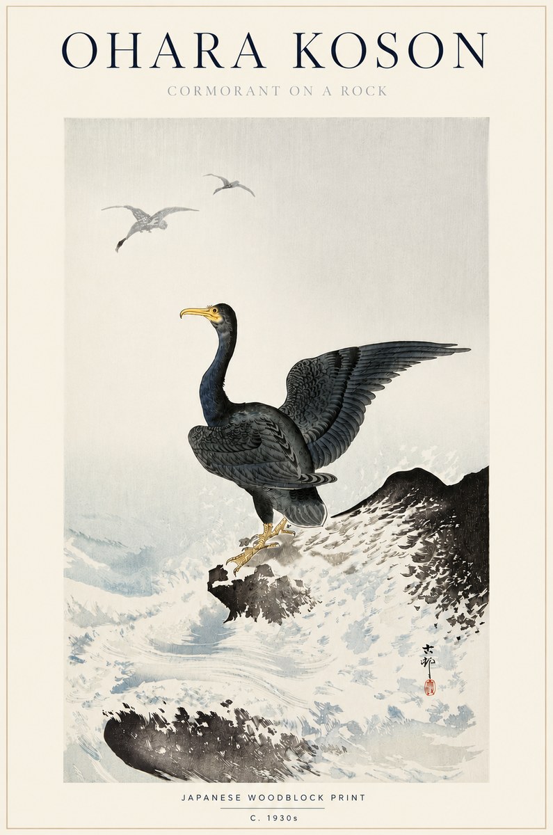 Ohara Koson Cormorant on a Rock No3 - Póster