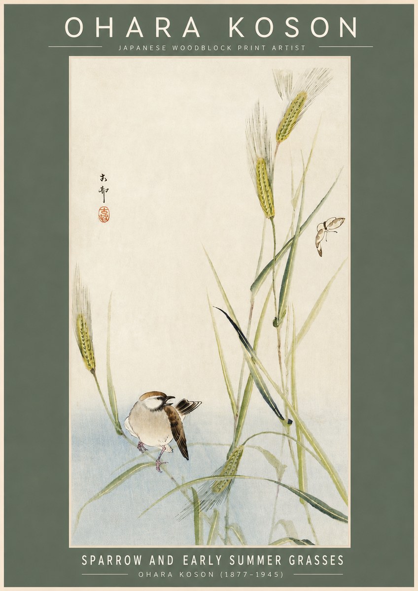 Ohara Koson Sparrow and Early Summer Grasses No2 - Póster