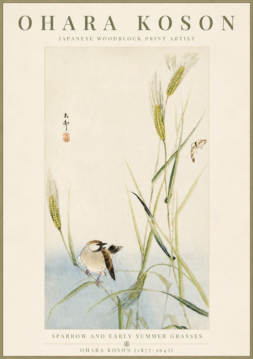 Ohara Koson Sparrow and Early Summer Grasses No5 - Póster