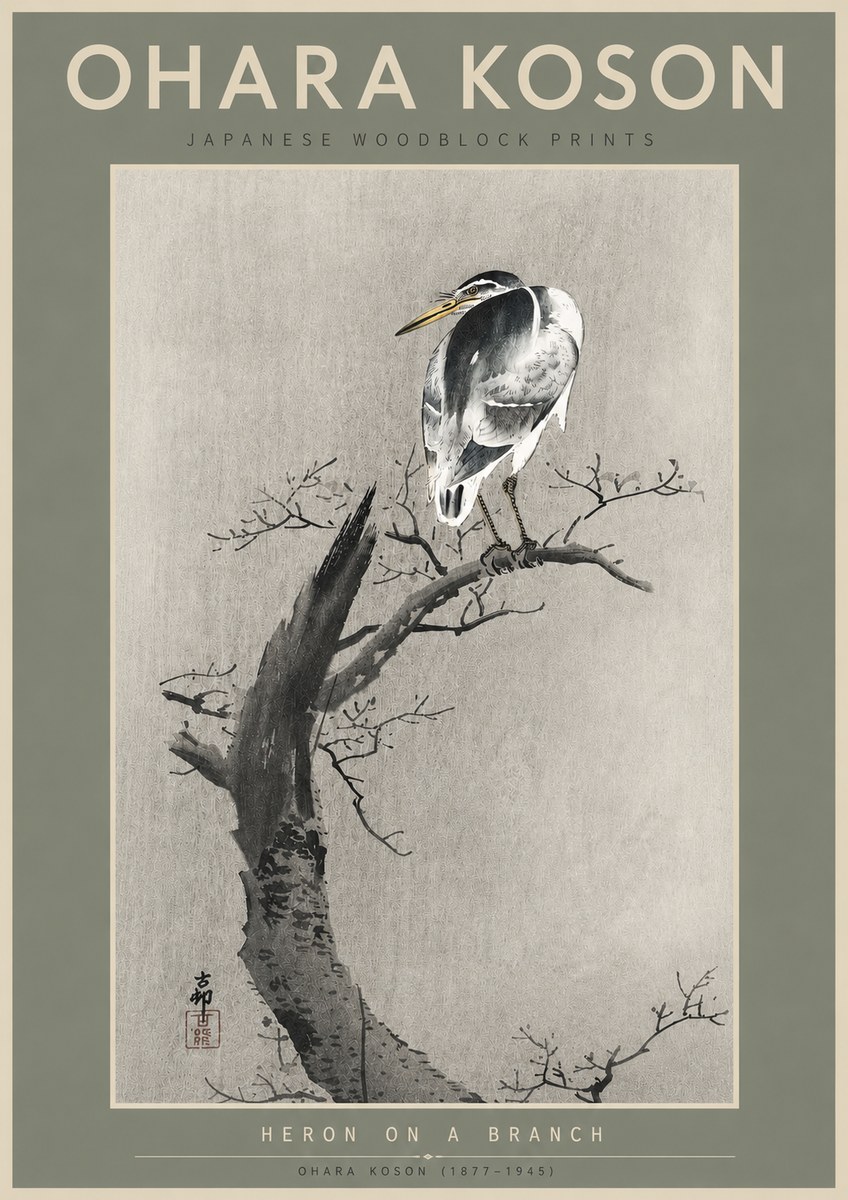 Ohara Koson Heron on a Branch No6 - Póster