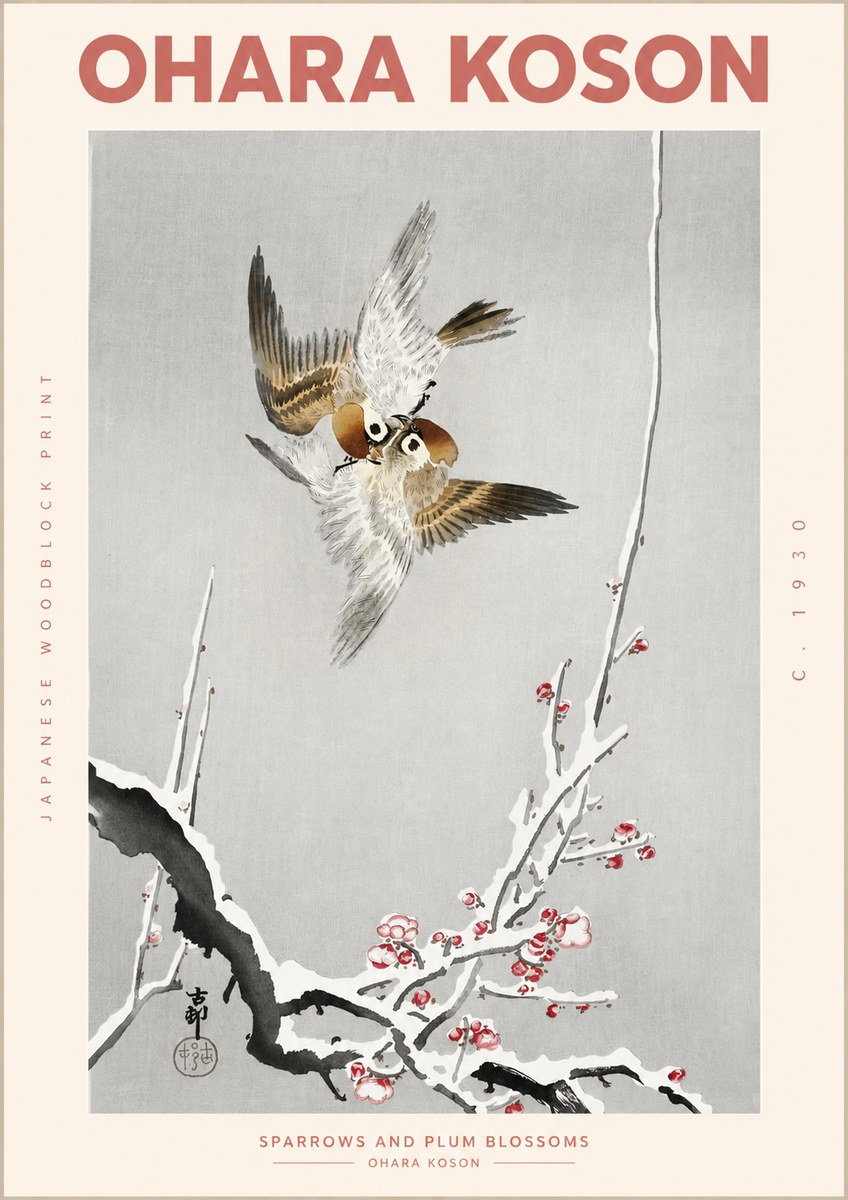 Ohara Koson Sparrows and Plum Blossoms No2 - Póster
