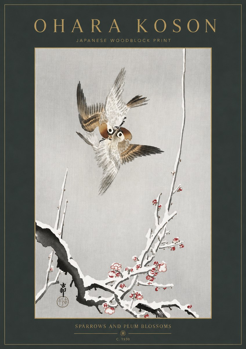 Ohara Koson Sparrows and Plum Blossoms No3 - Póster