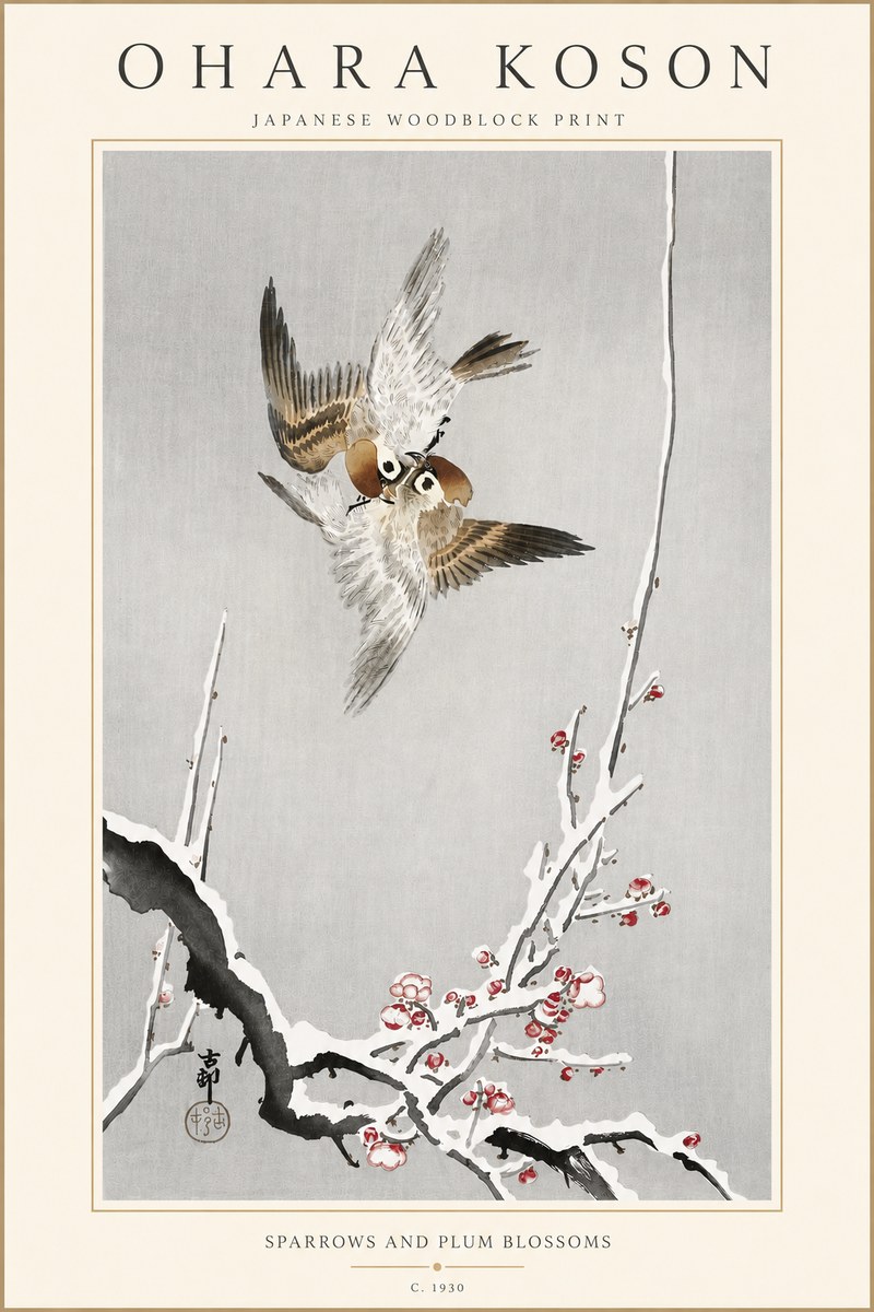 Ohara Koson Sparrows and Plum Blossoms No4 - Póster
