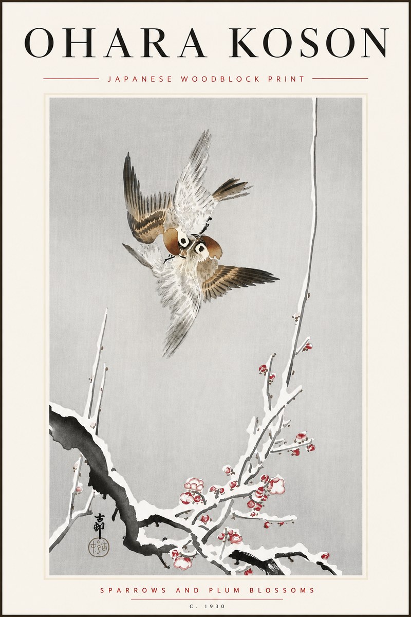 Ohara Koson Sparrows and Plum Blossoms No5 - Póster
