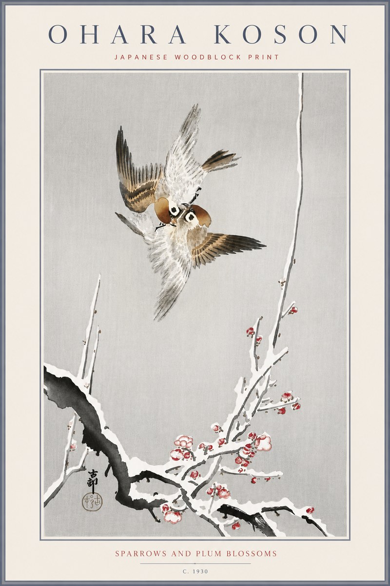 Ohara Koson Sparrows and Plum Blossoms No6 - Póster