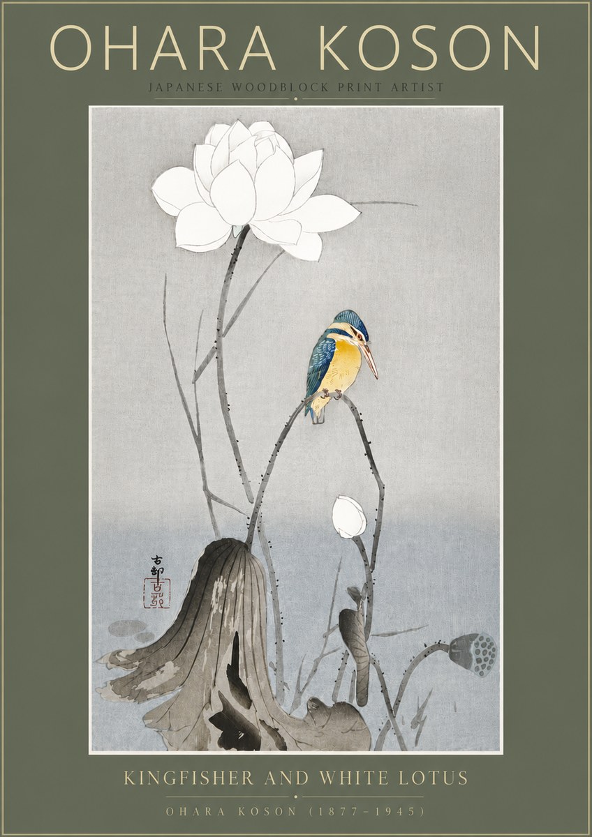 Ohara Koson Kingfisher and White Lotus No5 - Póster