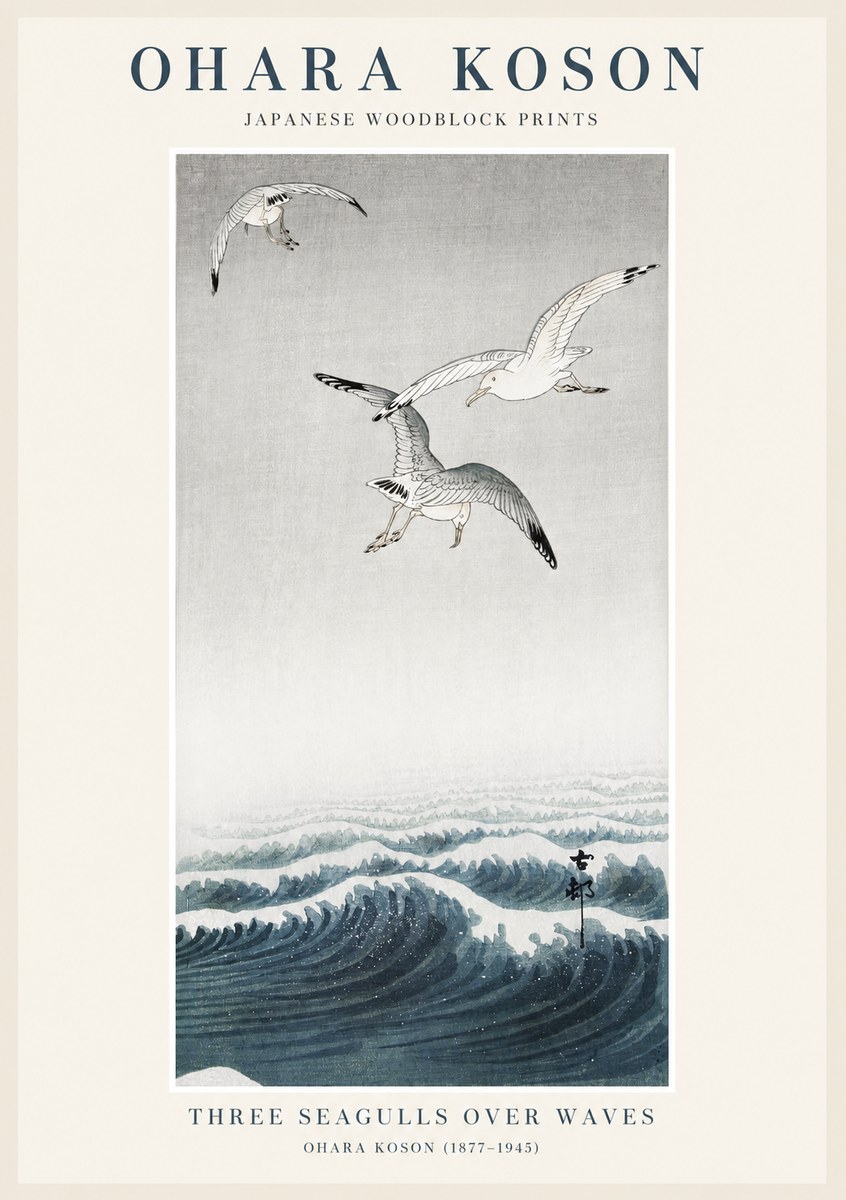 Ohara Koson Three Seagulls over Waves No1 - Póster