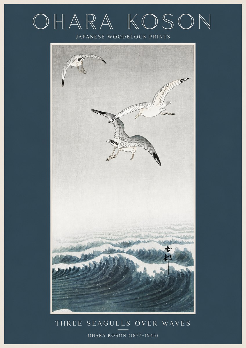 Ohara Koson Three Seagulls over Waves No2 - Póster