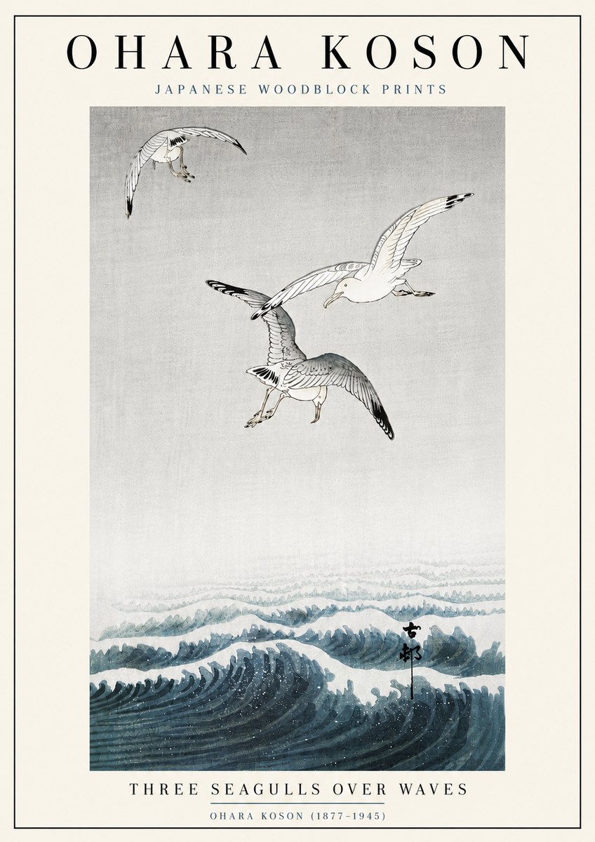 Ohara Koson Three Seagulls over Waves No6 - Póster