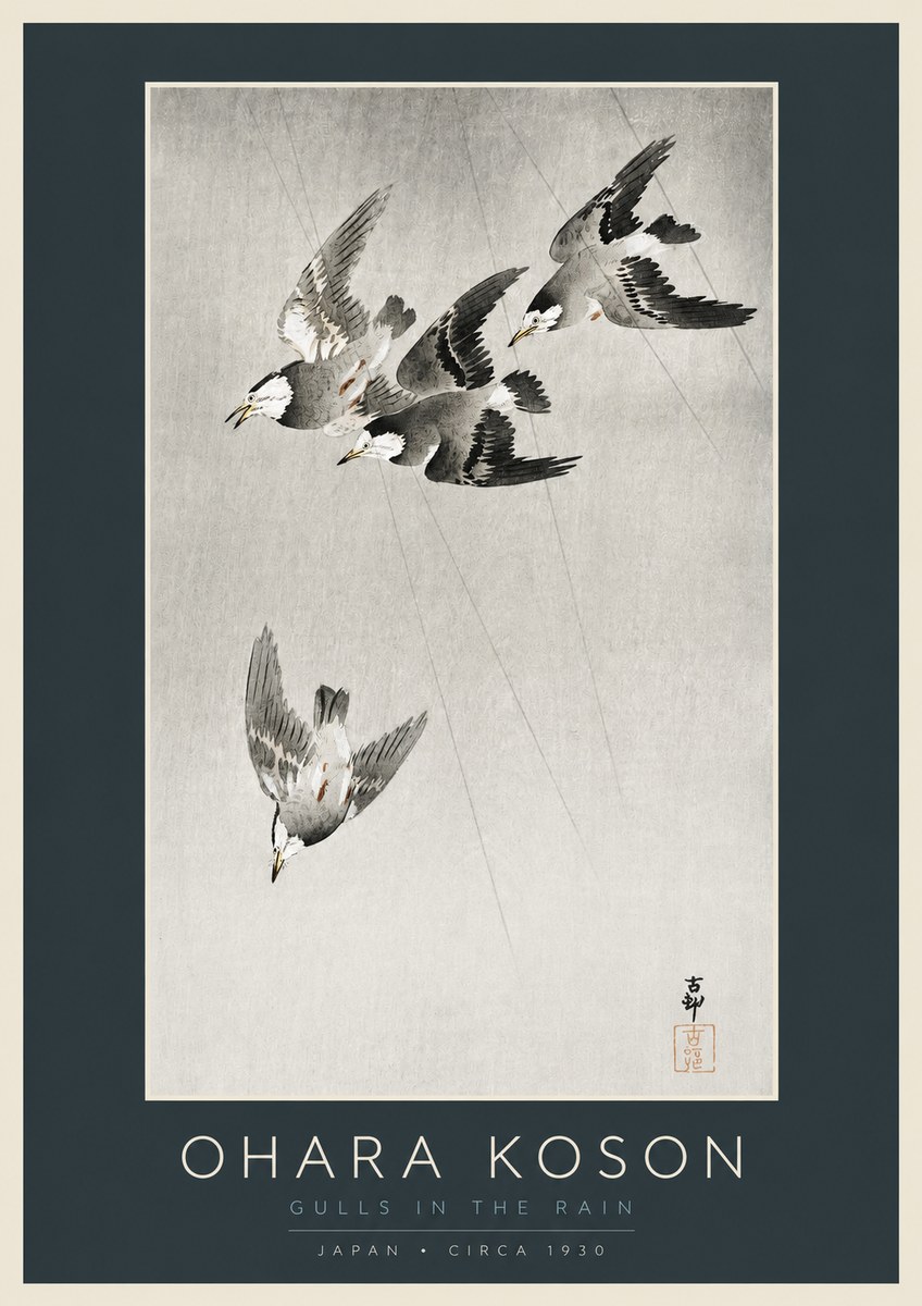 Ohara Koson Gulls in the Rain No2 - Póster