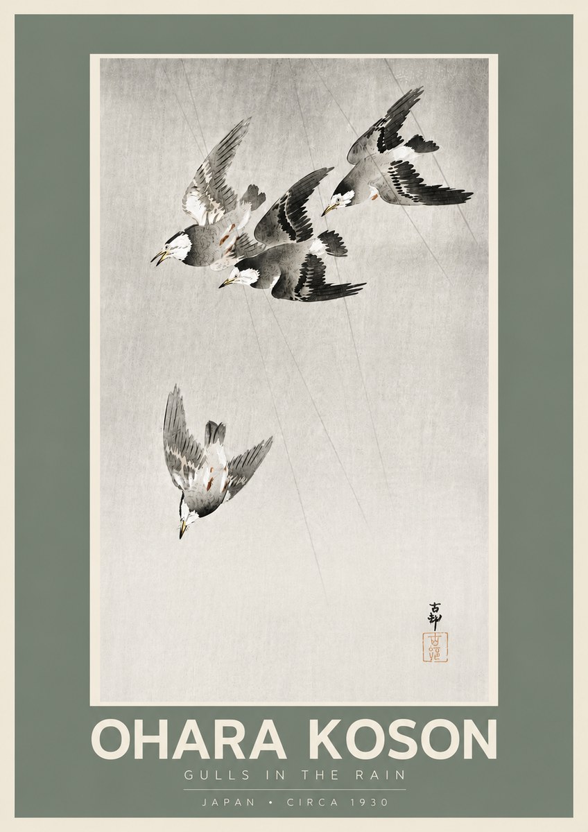 Ohara Koson Gulls in the Rain No5 - Póster