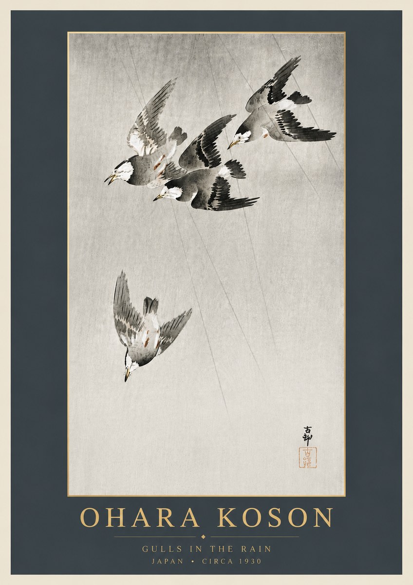 Ohara Koson Gulls in the Rain No6 - Póster