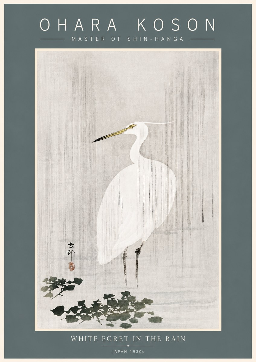 Ohara Koson White Egret in the Rain No5 - Póster