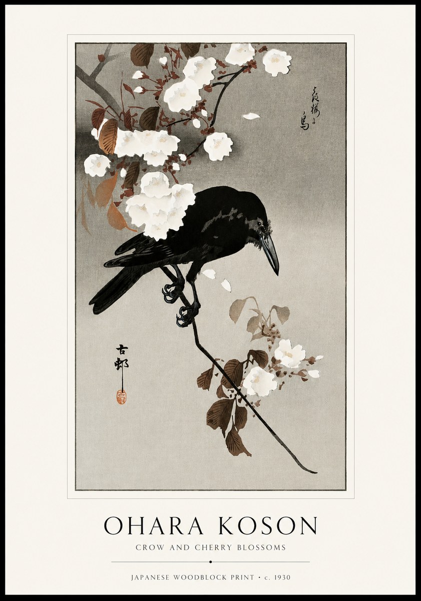 Ohara Koson Crow and Cherry Blossoms No1 - Póster