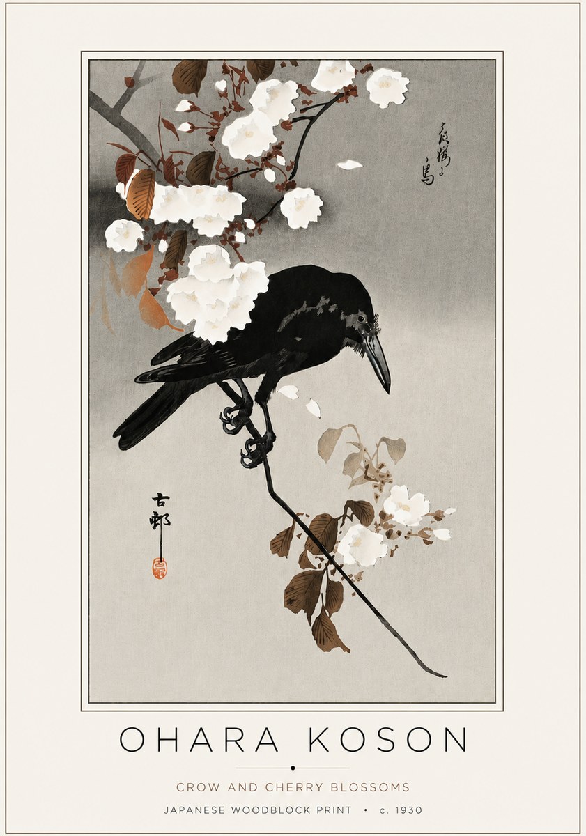 Ohara Koson Crow and Cherry Blossoms No4 - Póster