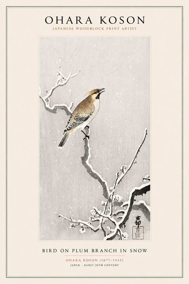 Ohara Koson Bird on Plum Branch in Snow No1 - Póster