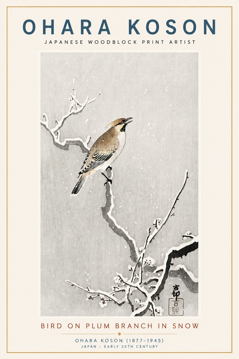 Ohara Koson Bird on Plum Branch in Snow No3 - Póster
