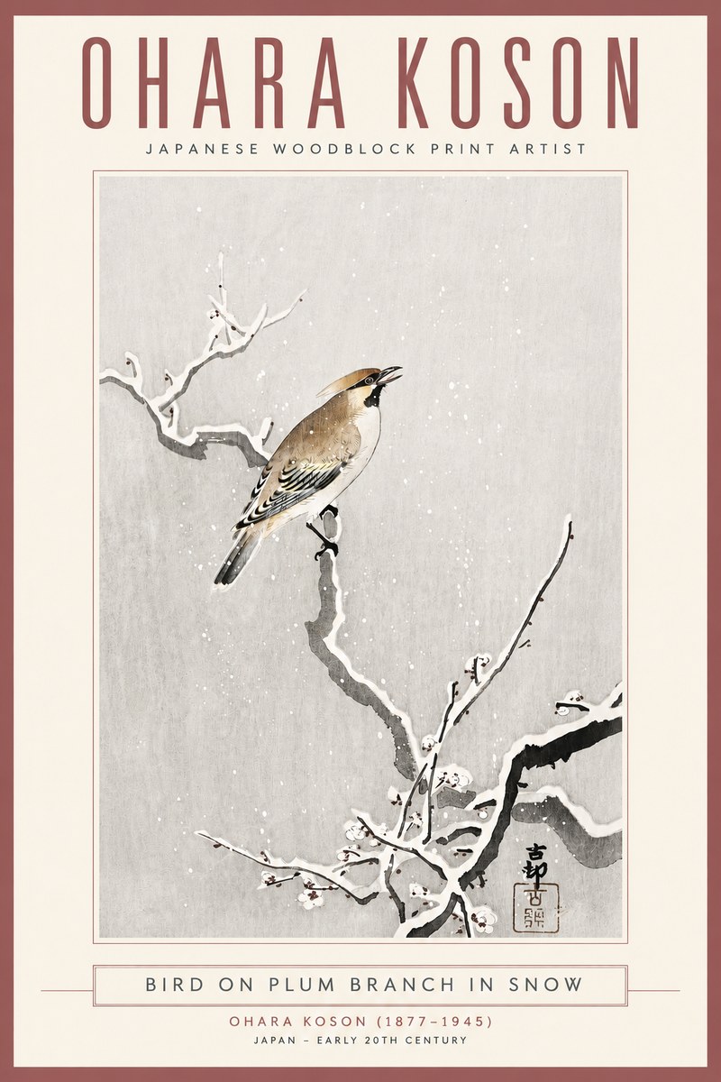 Ohara Koson Bird on Plum Branch in Snow No4 - Póster
