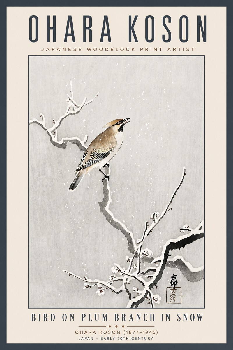 Ohara Koson Bird on Plum Branch in Snow No5 - Póster