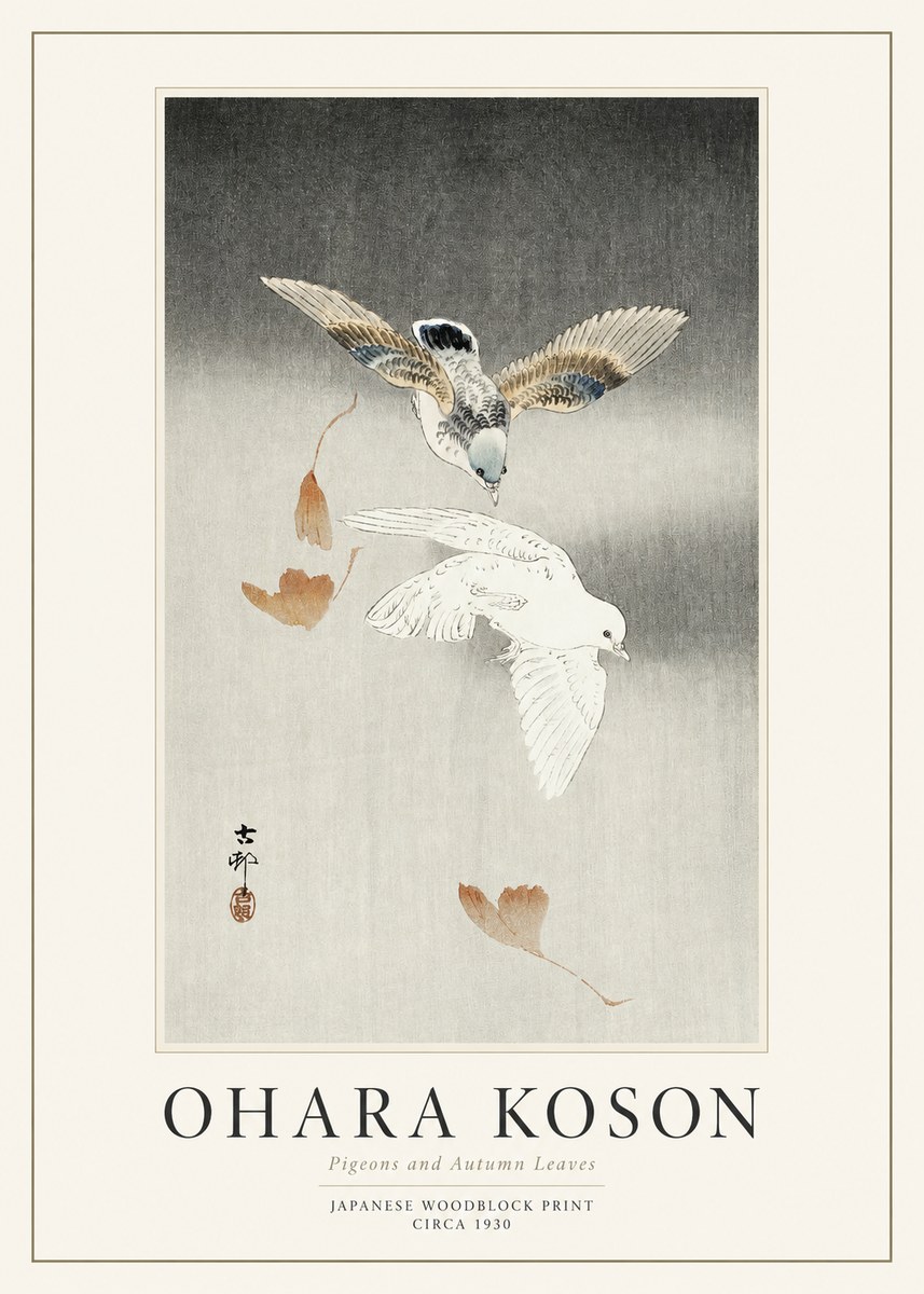 Ohara Koson Pigeons and Autumn Leaves No1 - Póster