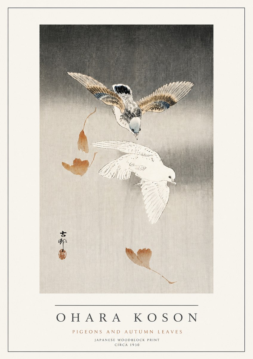 Ohara Koson Pigeons and Autumn Leaves No4 - Póster