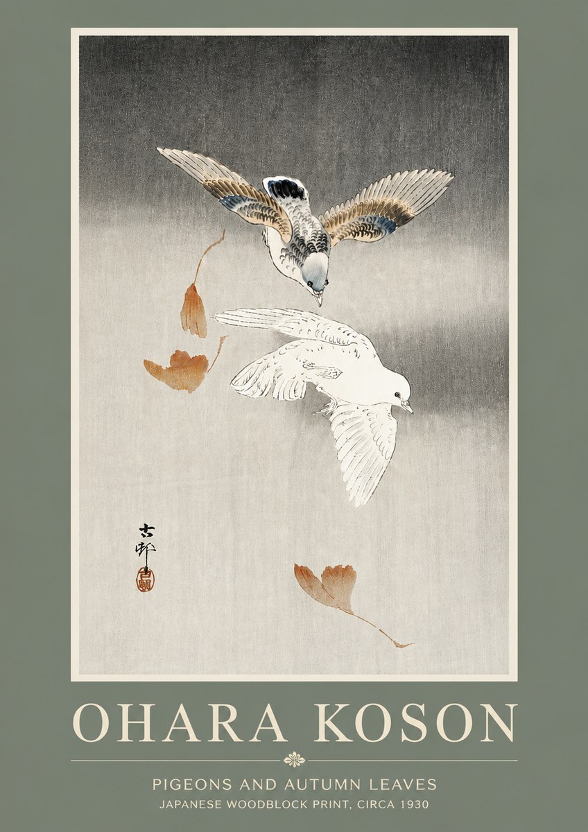 Ohara Koson Pigeons and Autumn Leaves No5 - Póster
