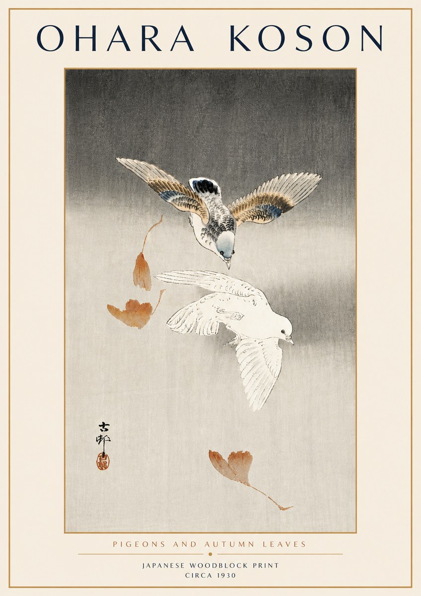 Ohara Koson Pigeons and Autumn Leaves No6 - Póster