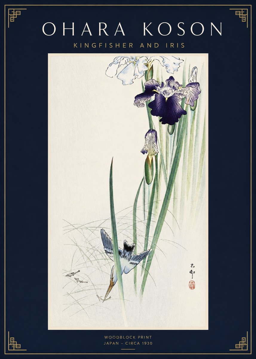 Ohara Koson Kingfisher and Iris No2 - Póster