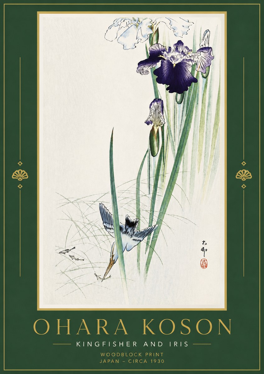 Ohara Koson Kingfisher and Iris No6 - Póster