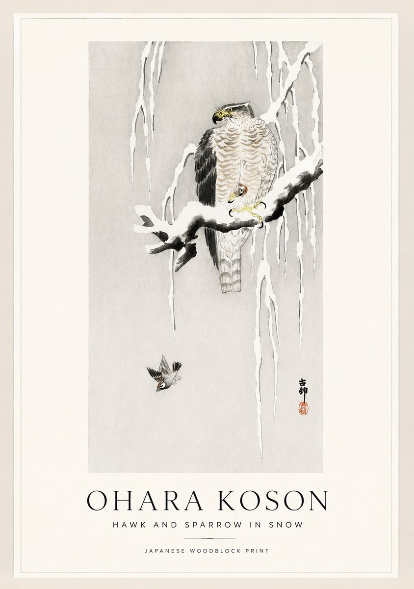 Ohara Koson Hawk and Sparrow in Snow No1 - Póster