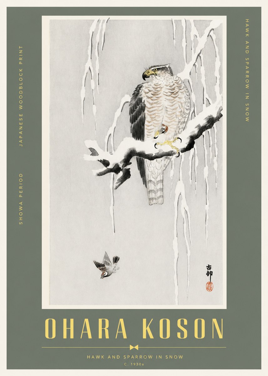 Ohara Koson Hawk and Sparrow in Snow No2 - Póster