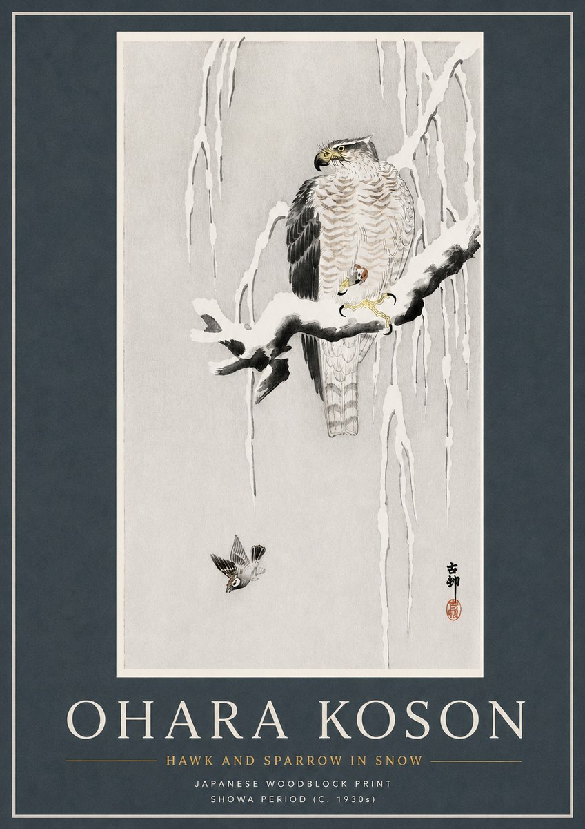 Ohara Koson Hawk and Sparrow in Snow No3 - Póster