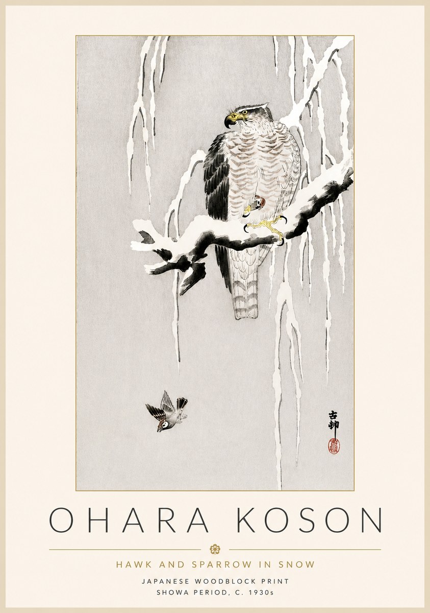 Ohara Koson Hawk and Sparrow in Snow No4 - Póster