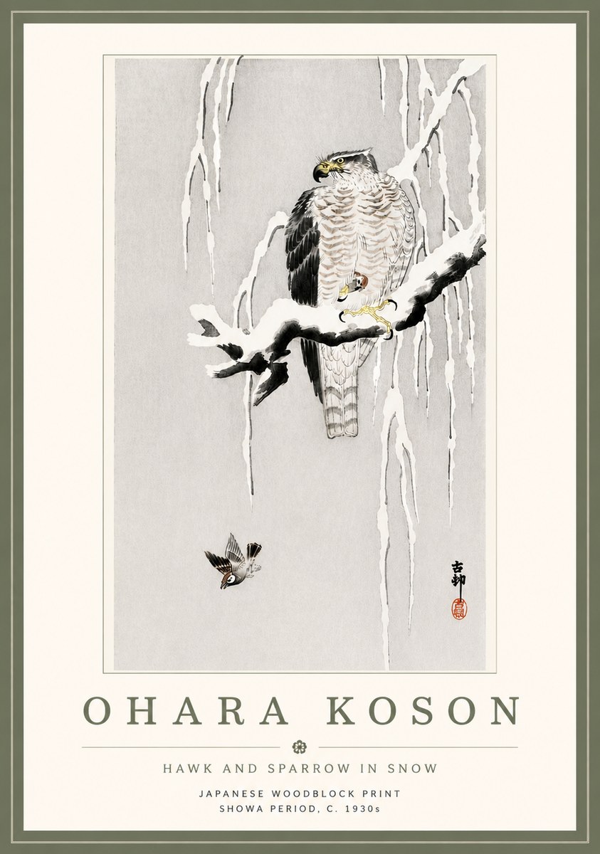 Ohara Koson Hawk and Sparrow in Snow No5 - Póster