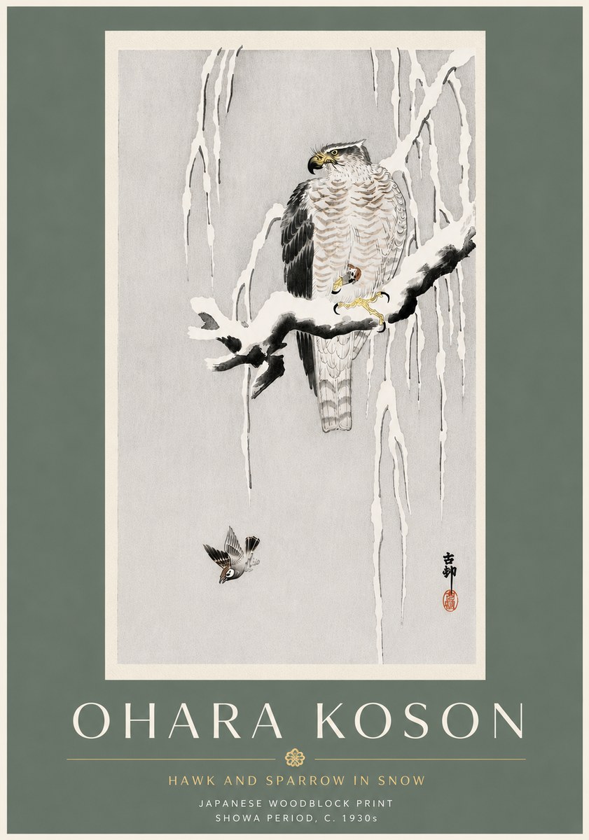 Ohara Koson Hawk and Sparrow in Snow No6 - Póster