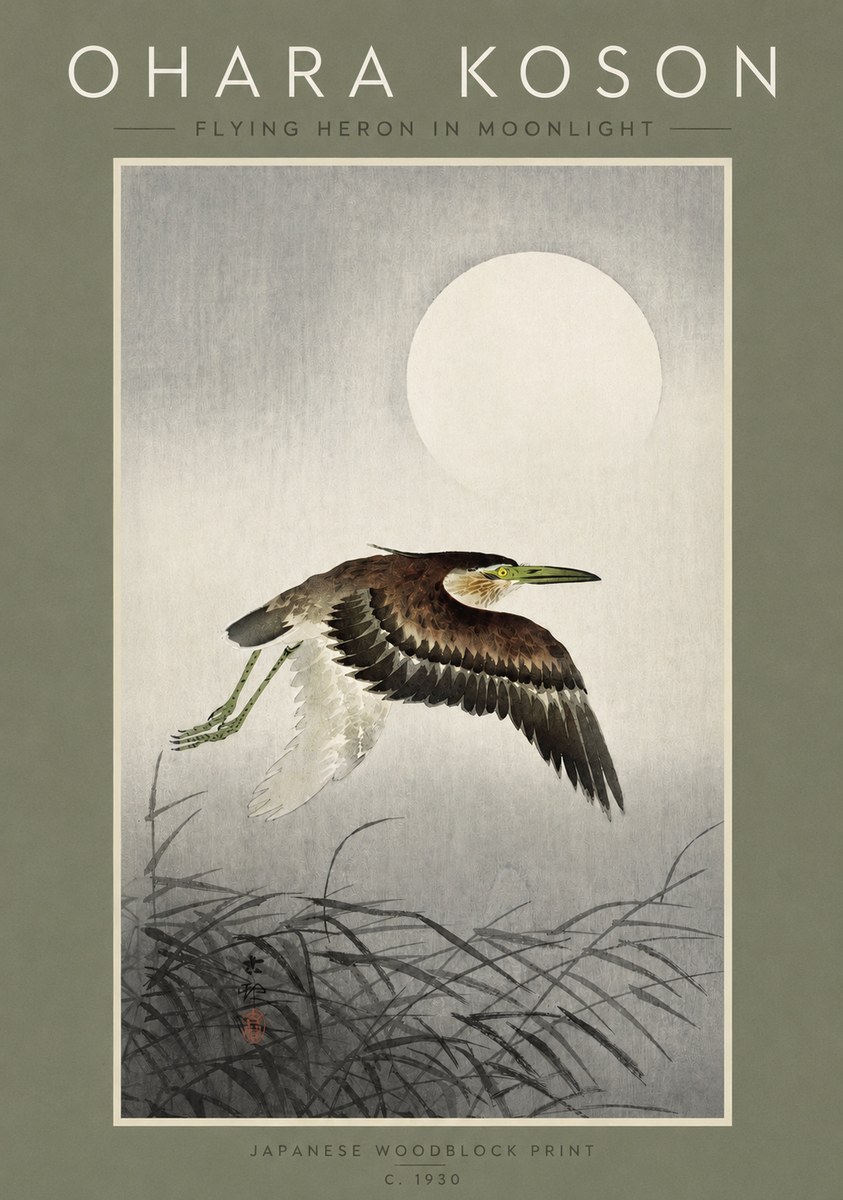 Ohara Koson Flying Heron in Moonlight No2 - Póster