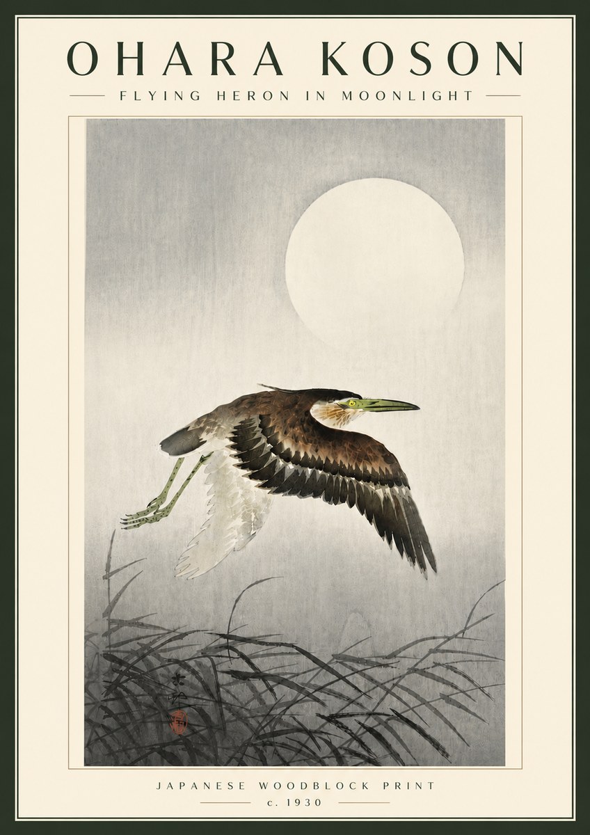 Ohara Koson Flying Heron in Moonlight No5 - Póster