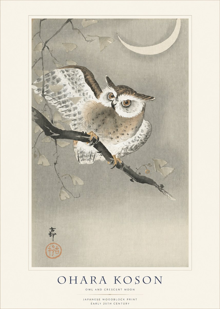 Ohara Koson Owl and Crescent Moon No1 - Póster