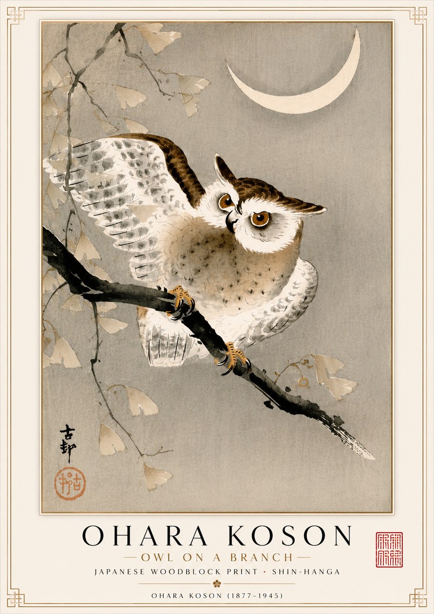 Ohara Koson Owl and Crescent Moon No2 - Póster