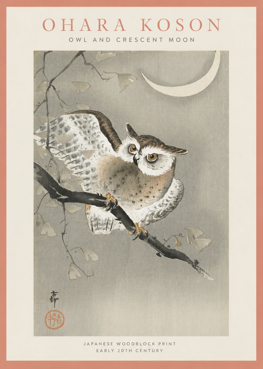 Ohara Koson Owl and Crescent Moon No4 - Póster