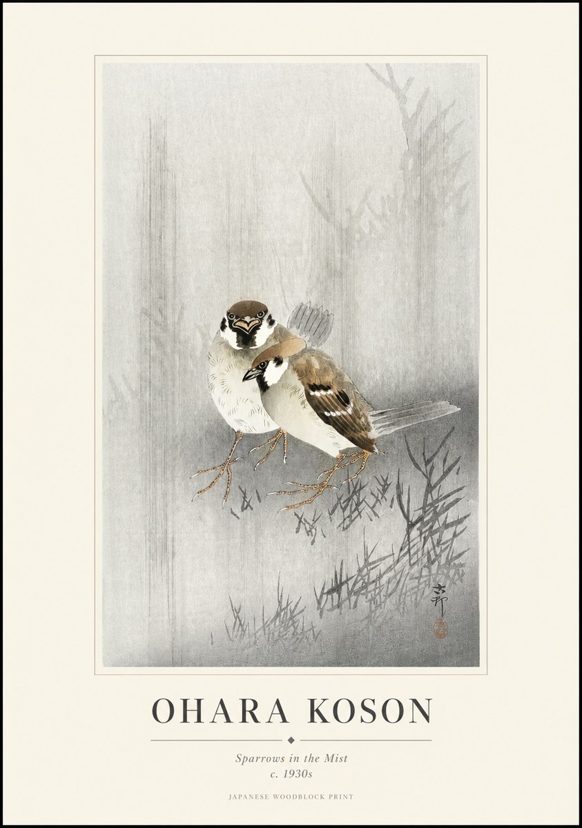 Ohara Koson Sparrows in the Mist No1 - Póster
